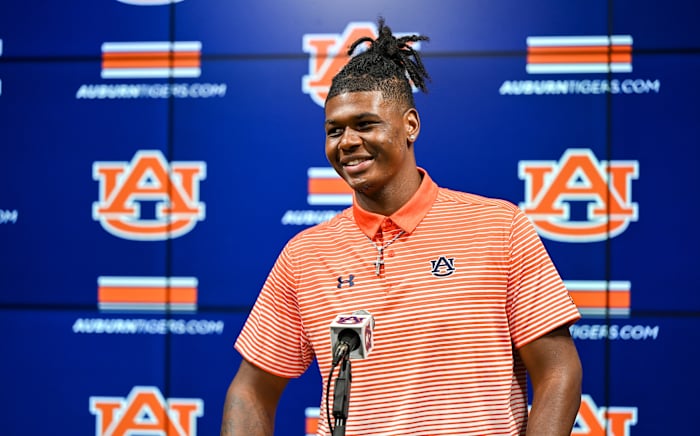 T.J. Finley (1) talks about being earning the starting quartback job on Monday.Auburn football game week presser on Monday, Aug. 29, 2022 Auburn, Ala.